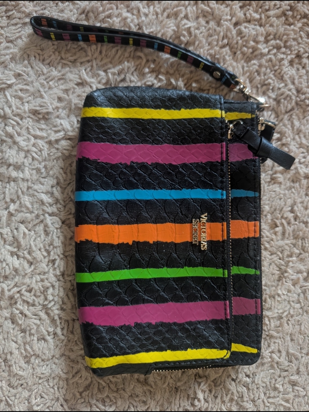 Victoria's Secret Black Wristlet with Multicolor Stripe Accents